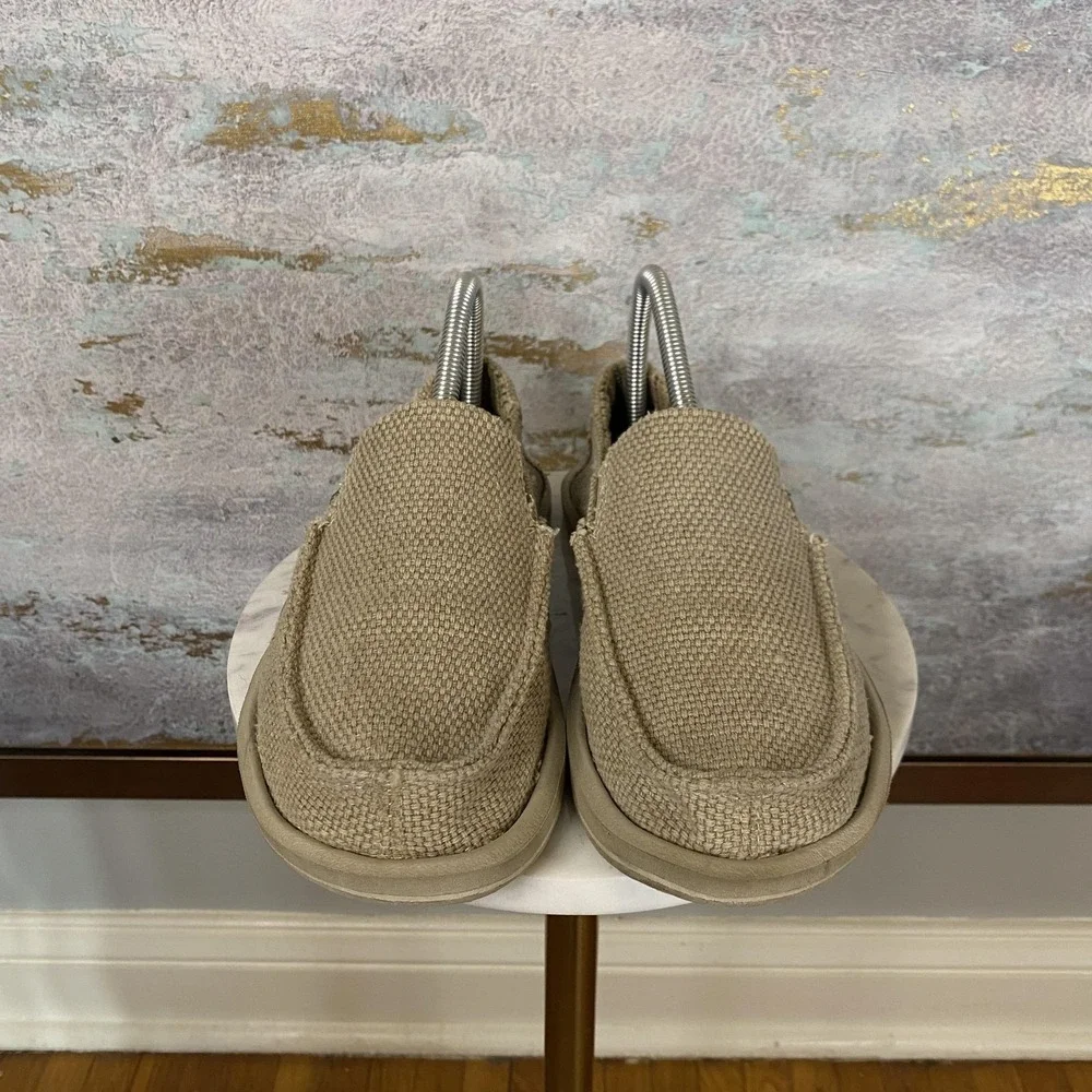 Sanuk Shoes Mens Size 5 Beige Canvas Slip On Casual Comfort Loafers Moc Toe